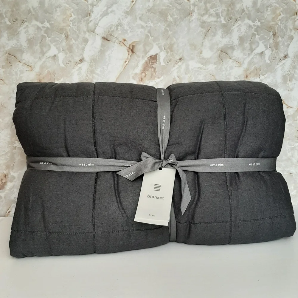 West Elm European Flax Linen Box Stitch Quilt Iron Blue